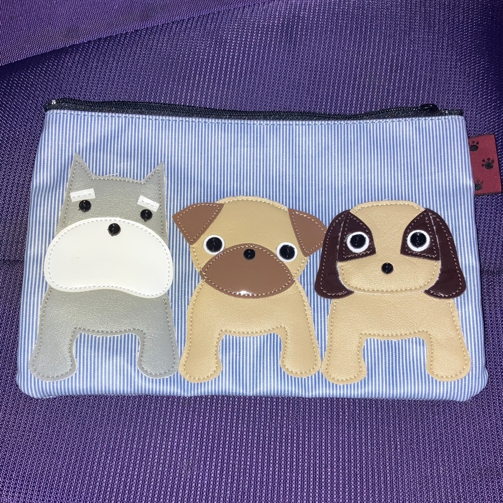 Dog Lover 3D Dog Trio Blue and White Striped Accessory Ziplock Pouch Bag